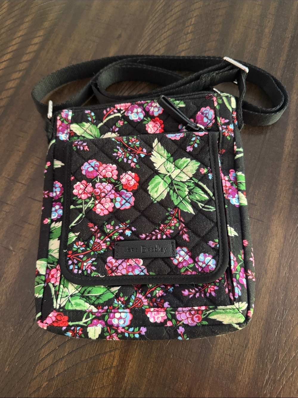Vera Bradley Black Floral Quilted Crossbody with Pink & Green Blossoms